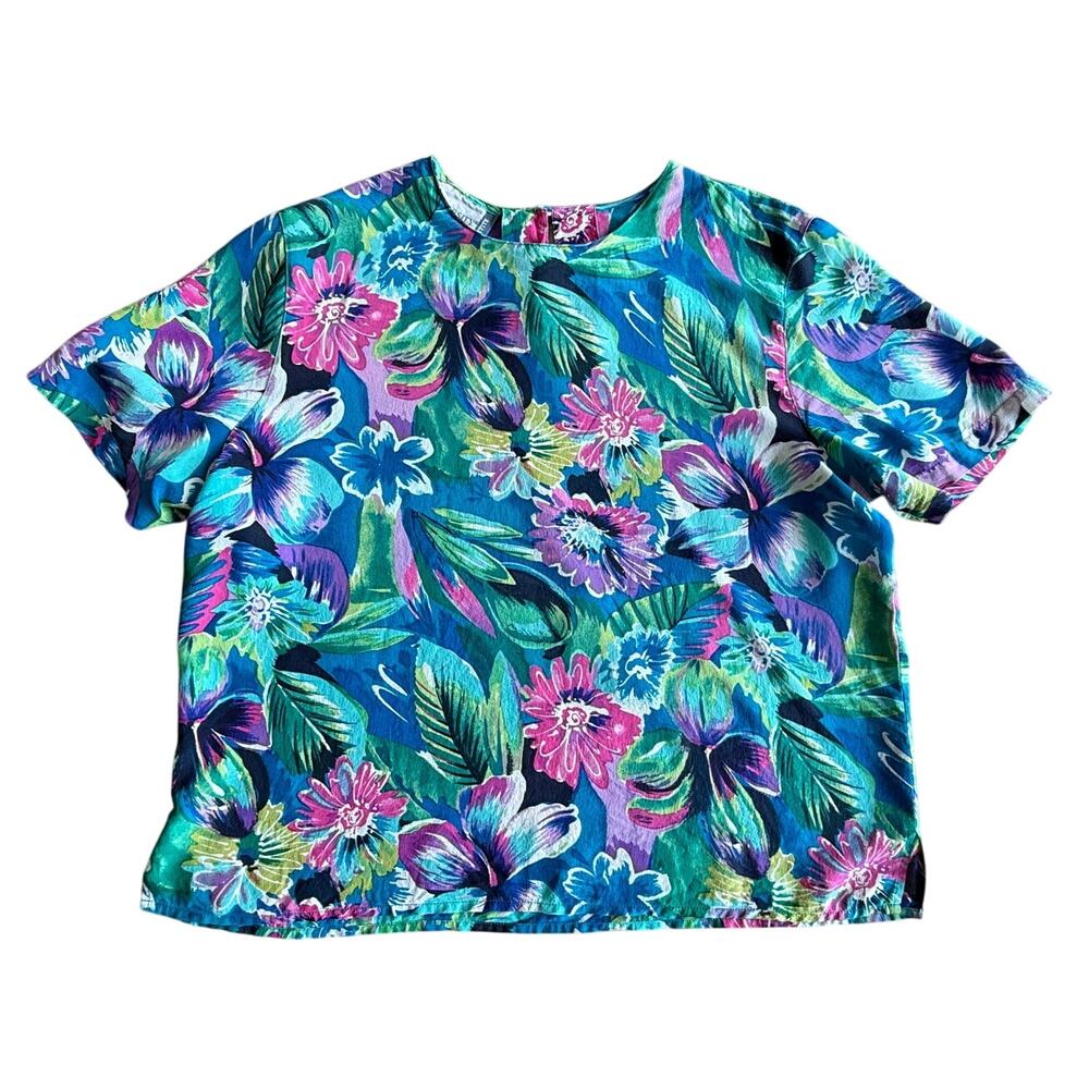 Diversity Petite L 100% Silk Tropical Floral Blouse Top Blue Pink Green Vintage